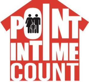 A red house contains the words "Point In Time Count" with a family silhouetted within the letter "O"