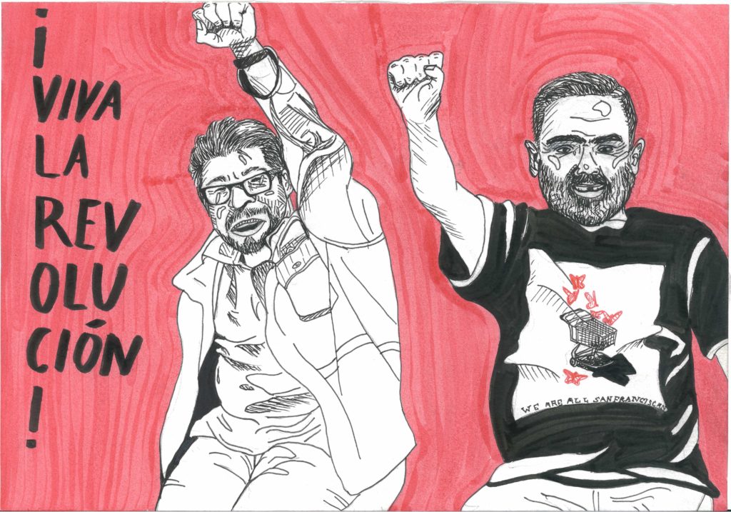 Two drawn figures representing Housing Justice advocates Jesus and Miguel are depicted against a red background, with the words "Viva La Revolucion!". Image by Tee Hoatson