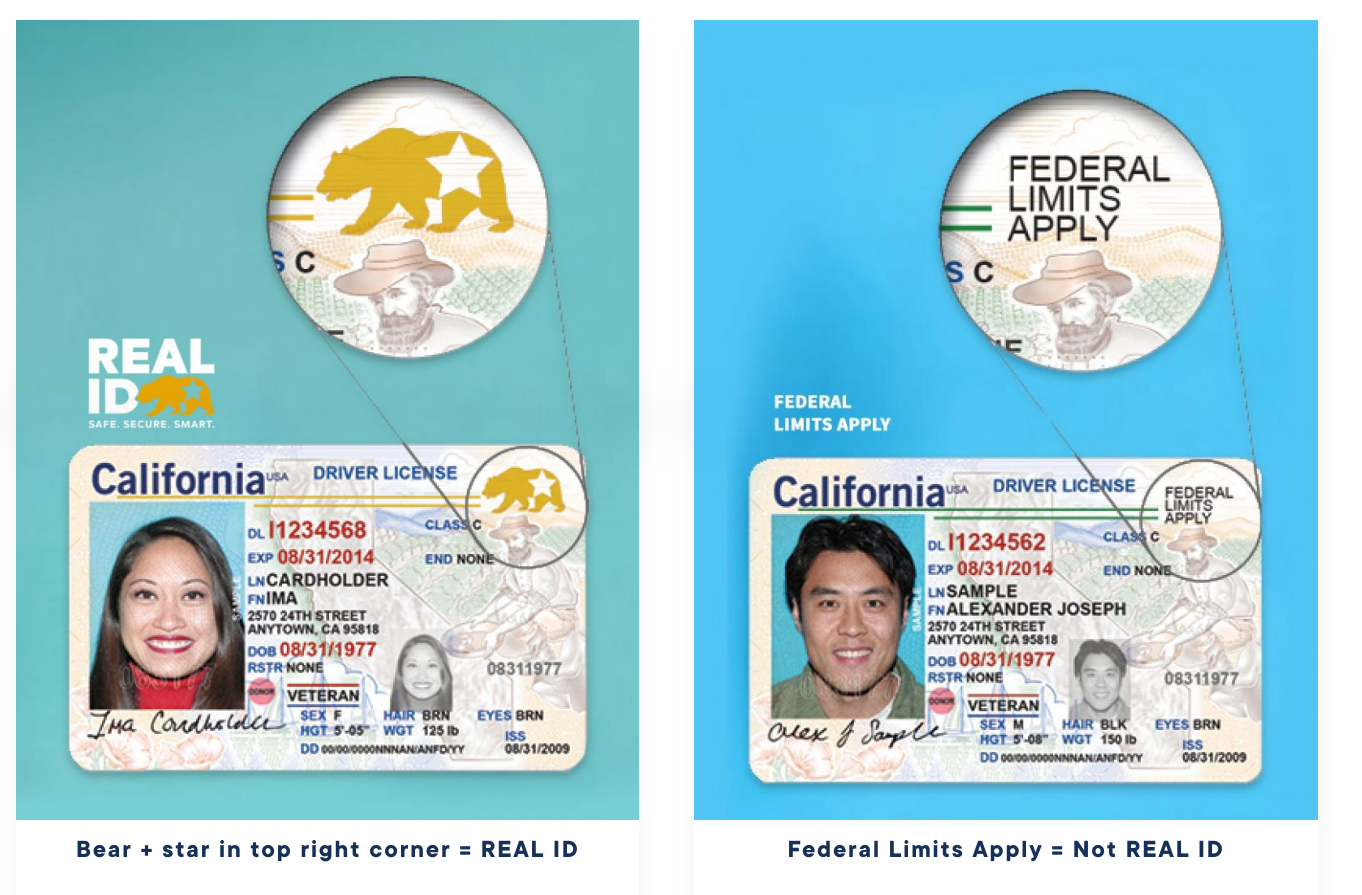 Sample IDs for federal-compliant Real ID (left) and limited ID