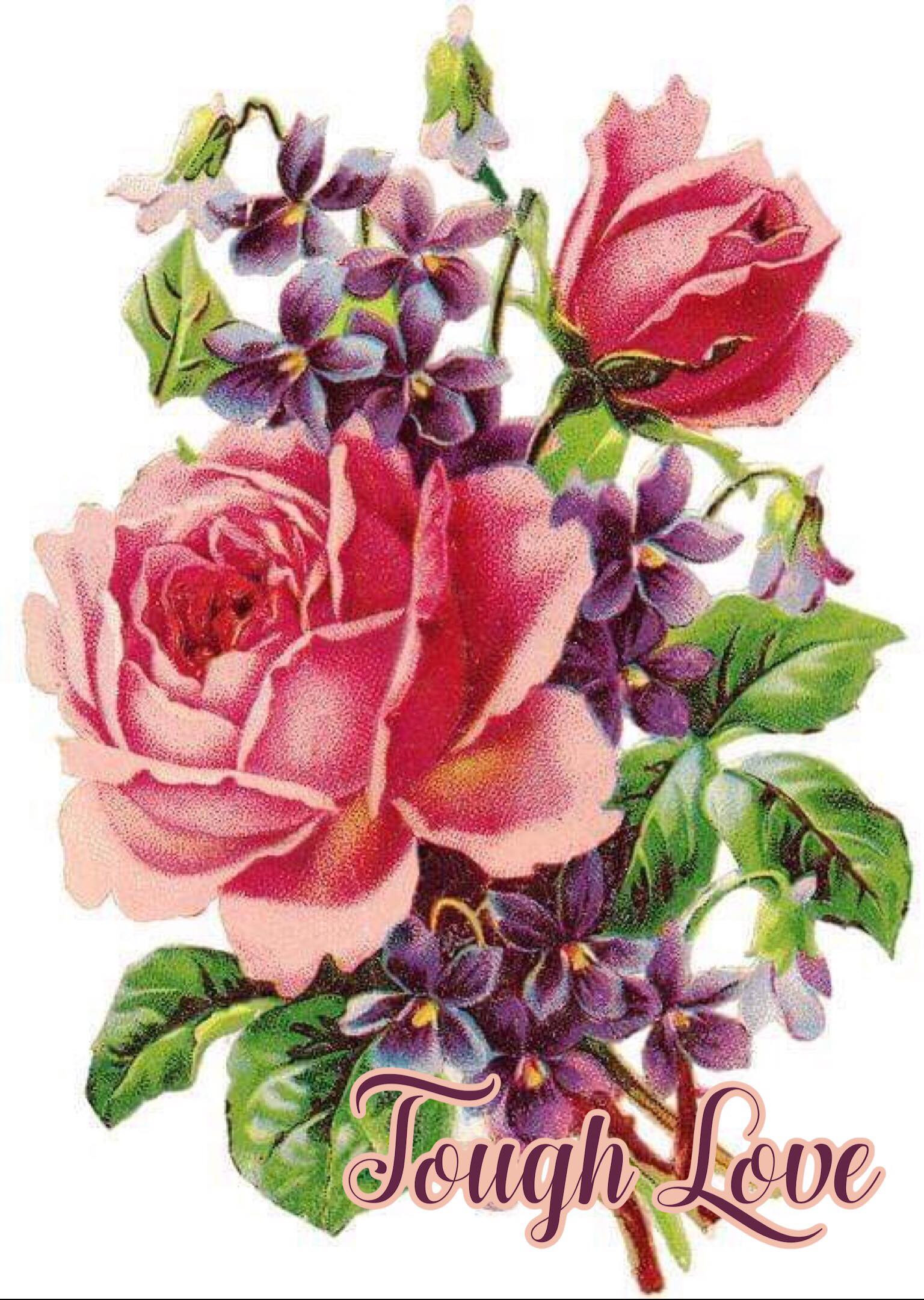 a vintage bouquet of roses and violets with the words "tough love"