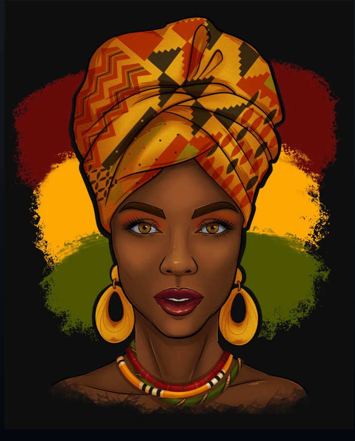 Black woman in African headwrap against a red, gold and green background