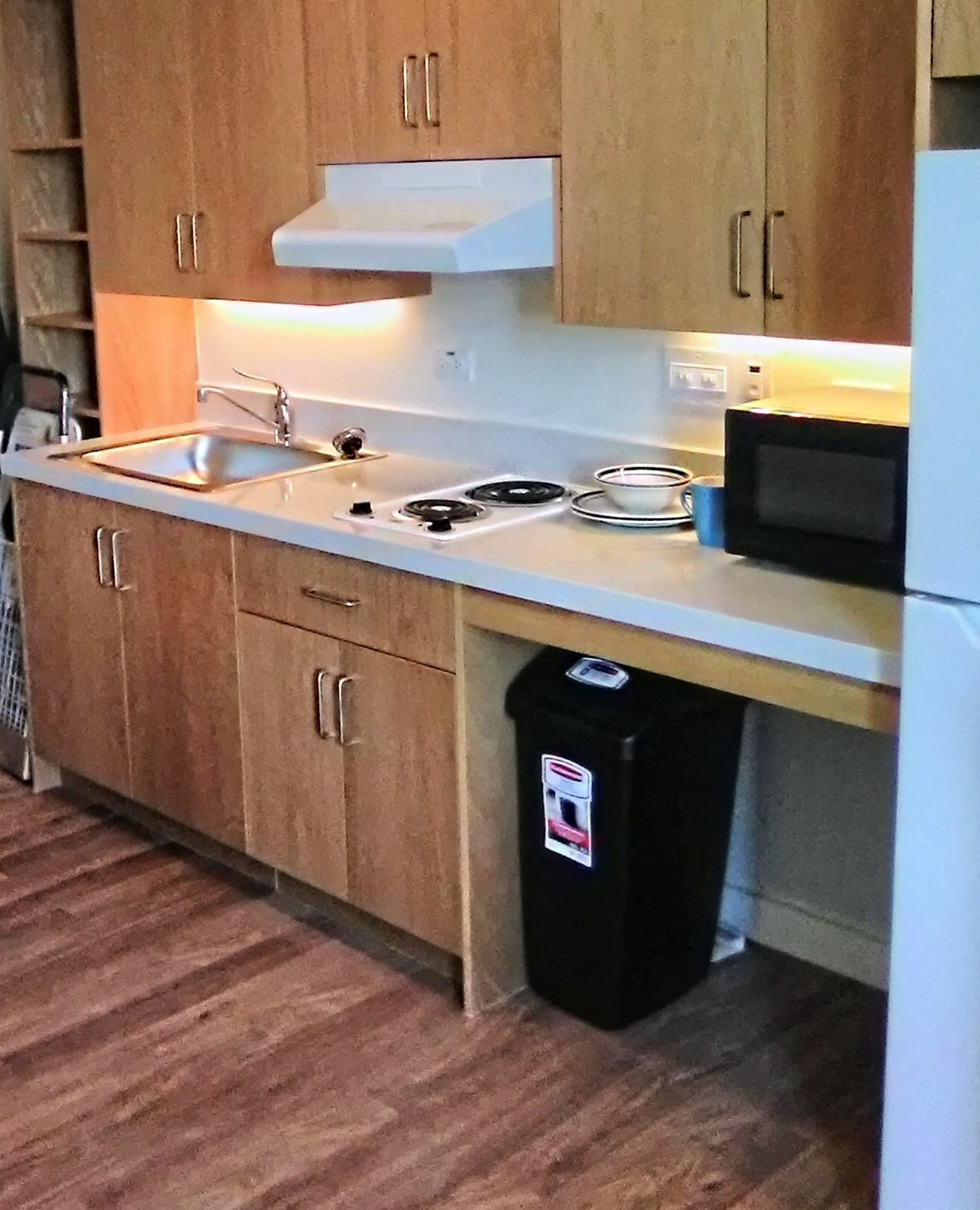 Kitchen with sink, stovetop, microwave and refrigerator.